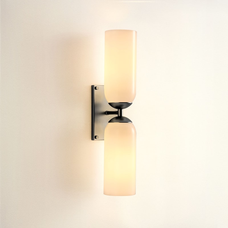 Glass Double Wall Sconce - Metal, Glass Matte Black, Ivory 2-Light Sconce for Bathroom or Entryway in Modern, Mid-Century Style
