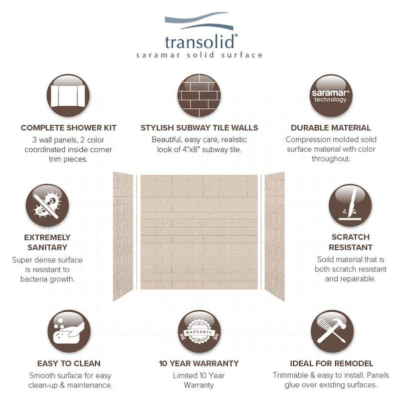 Transolid SaraMar 36-In X 60-In X 60-In Glue to Wall 3-Piece Tub Walls - 60" x 36" x 60" - 60" x 36" x 60"