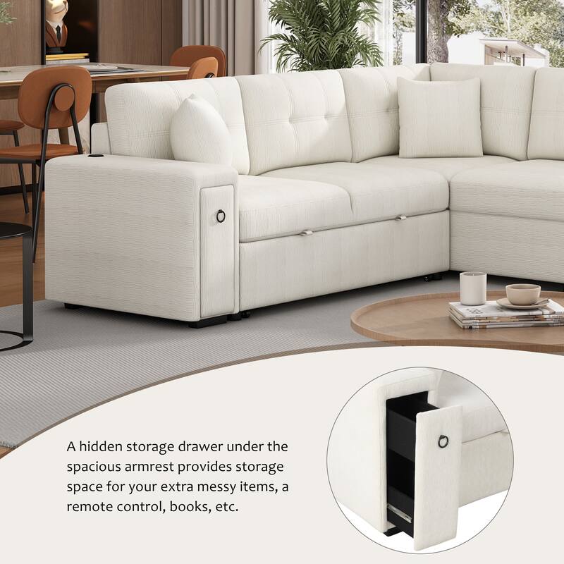 Beige 86.6" L-Shaped 4-Seat Sectional Sofa with Pull-Out Bed, Movable Ottoman, USB Ports, and Cup Holder Drop-Down Table