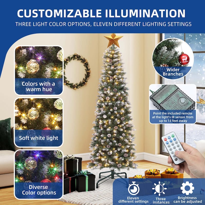 6/7.5 FT Flocked & Frosted Slim Prelit Artificial Hinged Xmas Tree