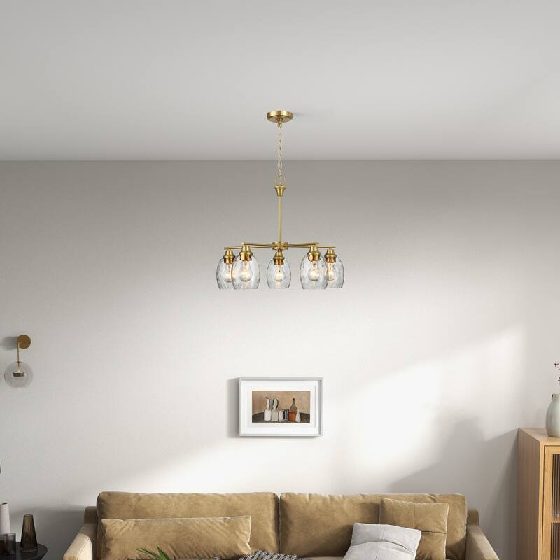Emar Gold Brass 5-Light Chandelier with Clear Water Glass Shades