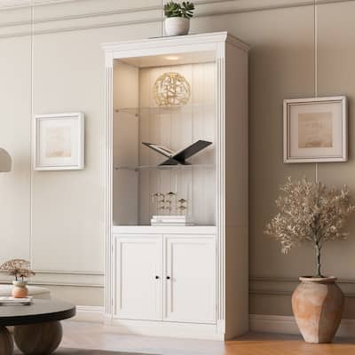 4-Tier Display Cabinet with 5-Colors Dimmable Light, Bookcases Storage Cabinet with Adjustable Tempered Glass Shelves