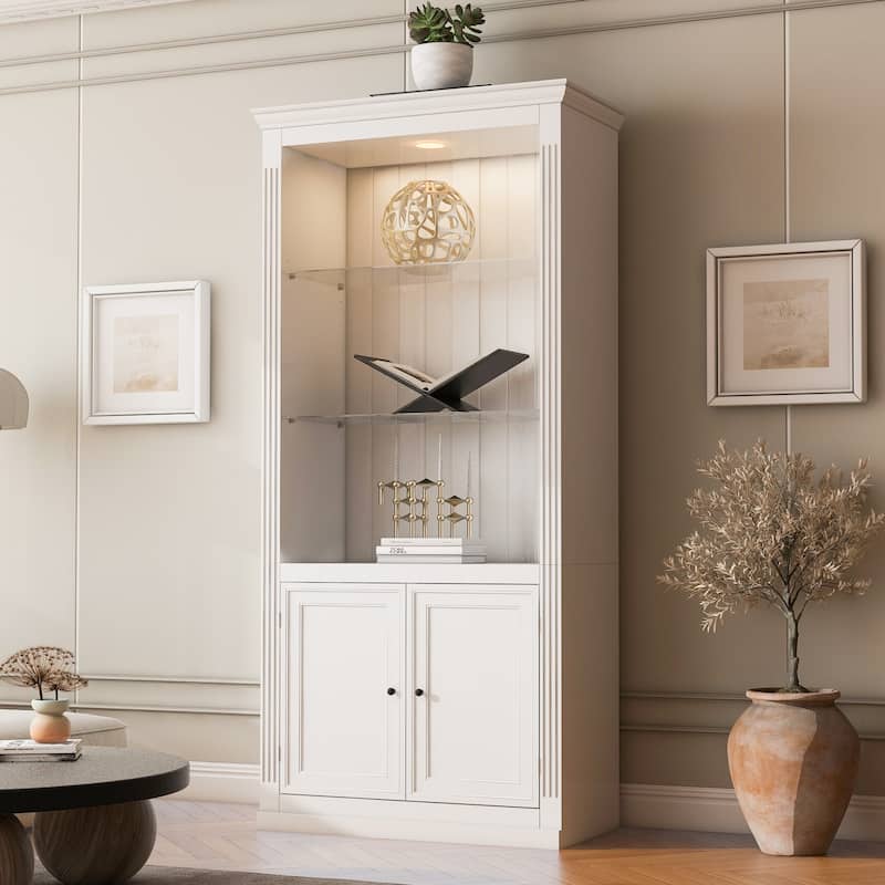 78.75"Tall Display Shelves with 5 Colors Adjustable LED Ceiling Light, Retro-style Bookcases with Tempered Glass Shelves
