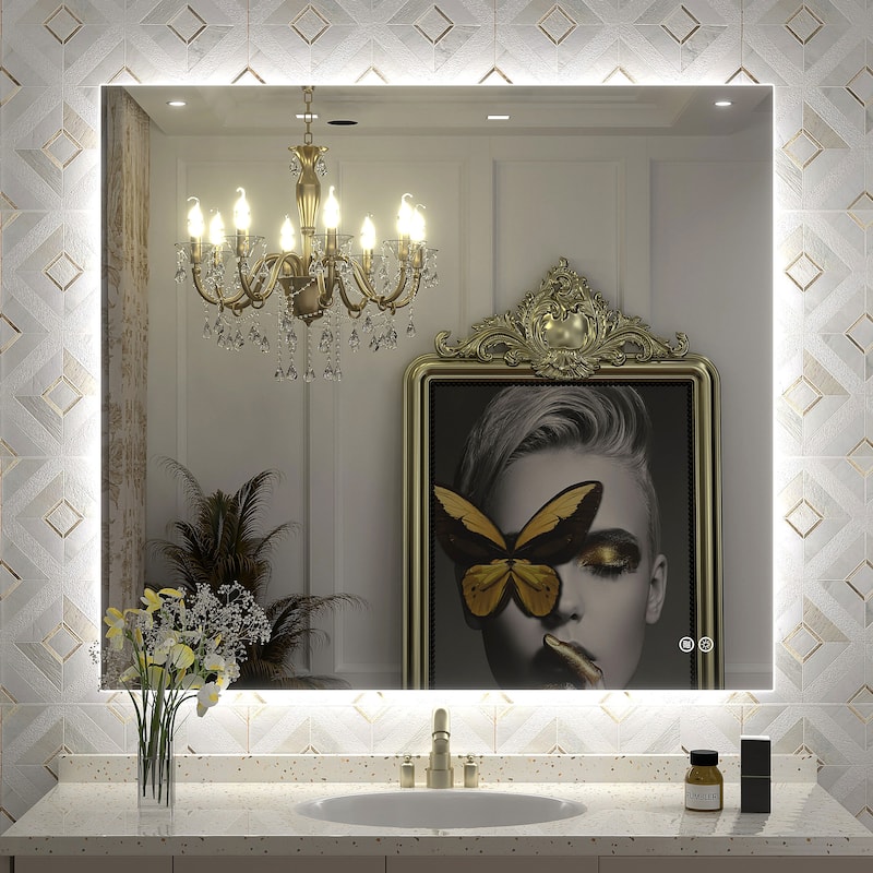 Frameless Anti-Fog 3 Colors Dimmable LED Backlit Wall Bathroom Vanity Mirror - 40" x 36"-Rectangular