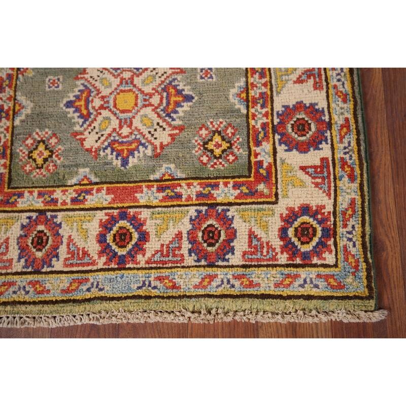 Geometric Kazak Foyer Rug Hand-Knotted Green Wool Carpet - 2'0" x 2'10"