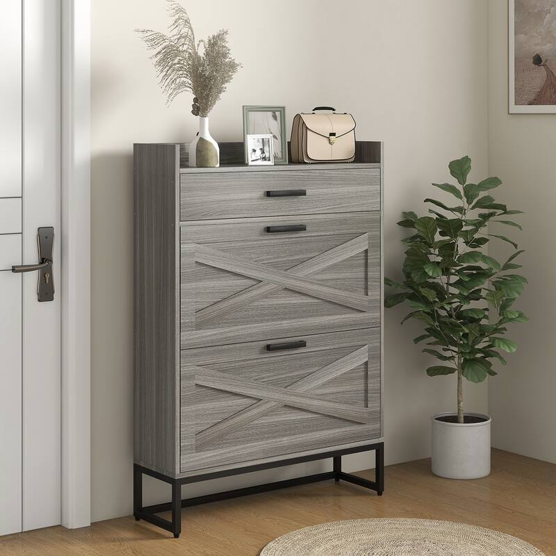 Narrow Shoe Cabinet, with 2 Flip Drawers, Adjustable Shelves and Top Drawer, Hidden Shoe Storage for 12 Pairs of Shoes