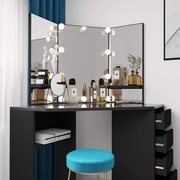 Modern Corner Makeup Vanity Table with LED Lighted Mirror, Vanity
