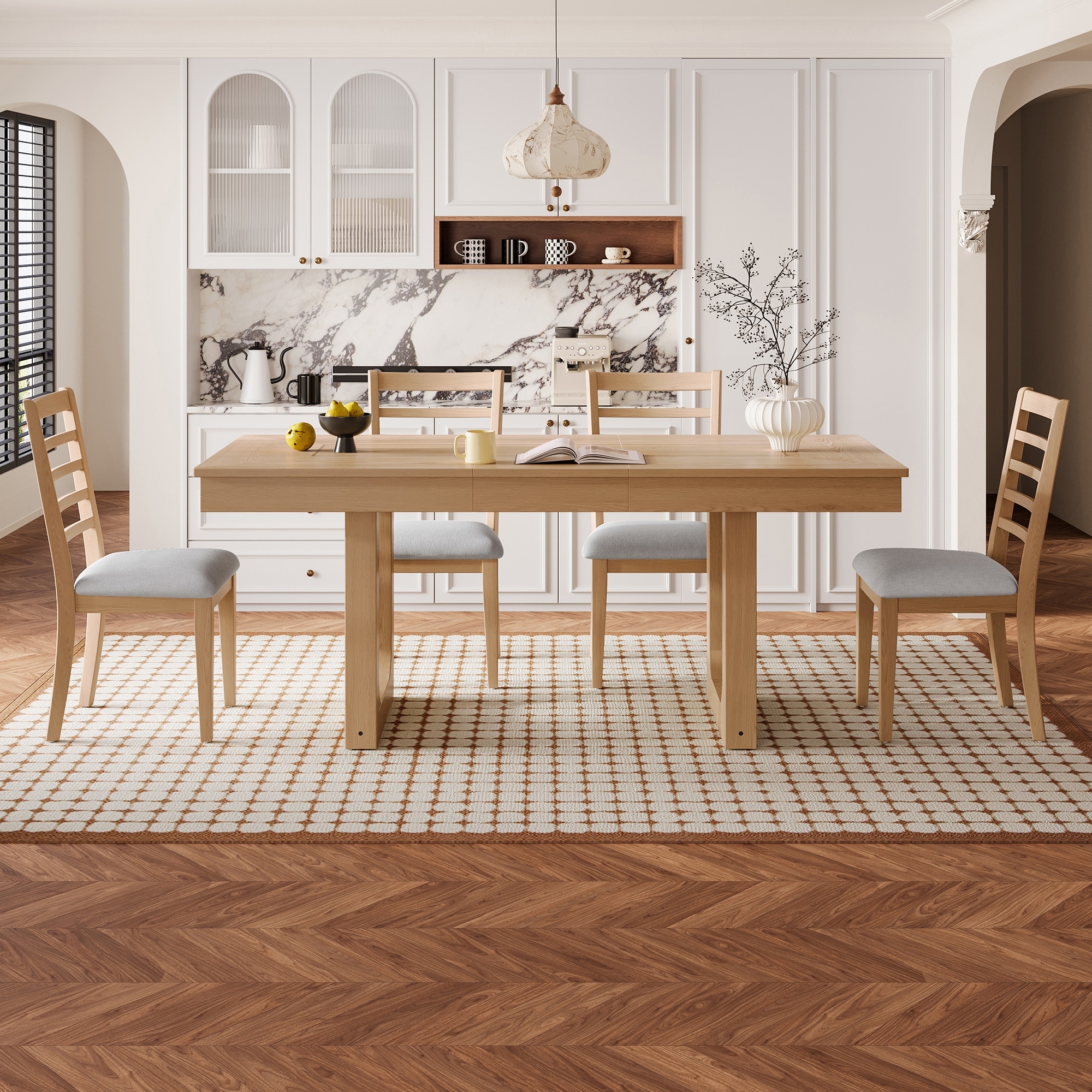 5-Piece Extendable Dining Table Set with Rustic Wooden Table and Comfortable Upholstered Chairs