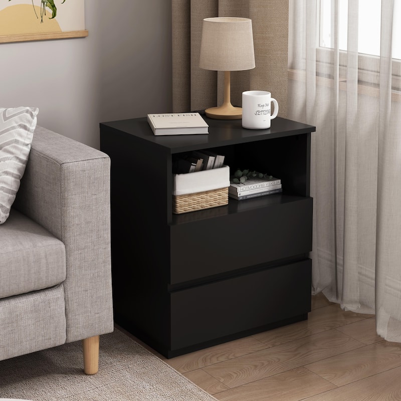 Nightstand with Charging Station, Sofa Side Table with Open Shelves & 2 Drawers, Large Capacity Wood Storage Cabinet