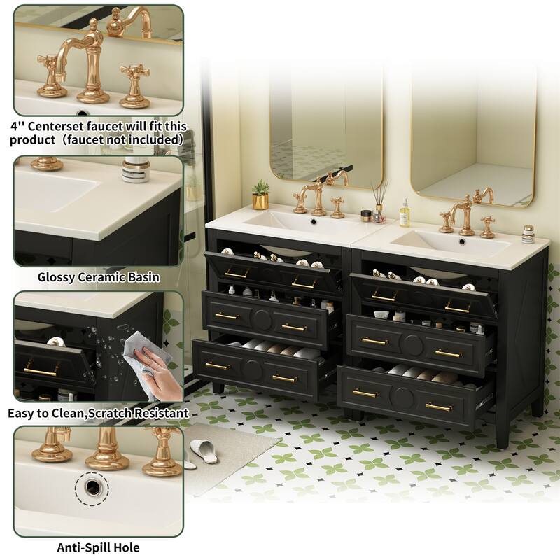60" Bathroom Vanity Set with Ceramic Sink (Separate), Solid Wood Bathroom Storage Cabinet