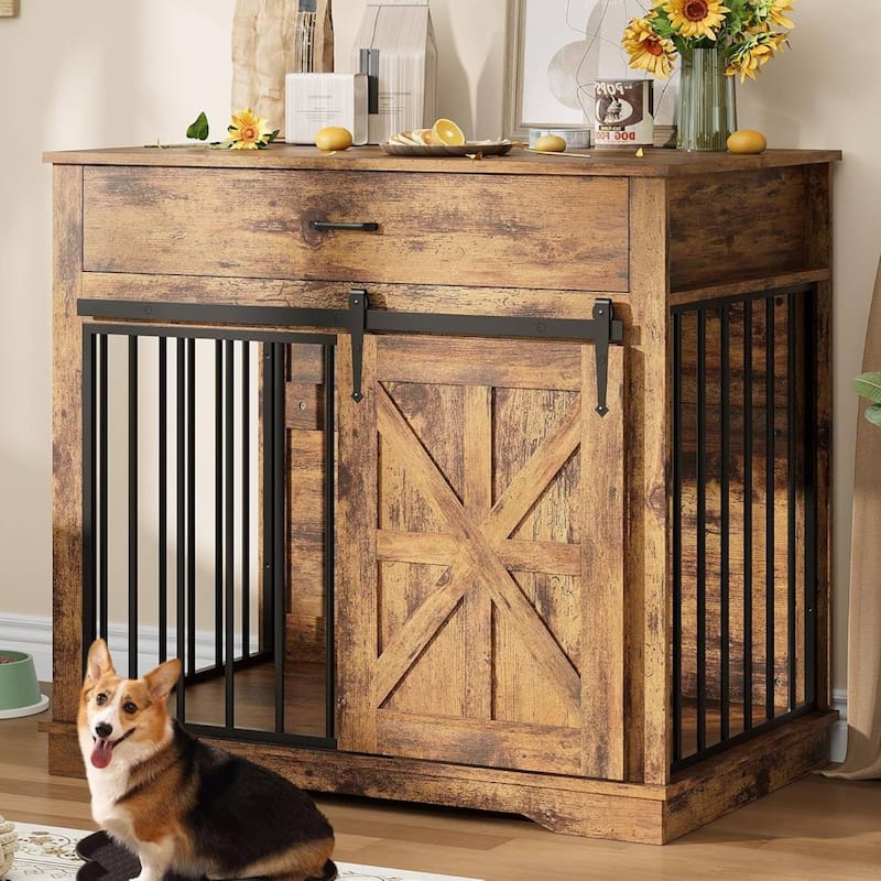 2-in-1 Dog Crate Furniture, Farmhouse Dogs Kennel for Small Medium Dogs - Brown