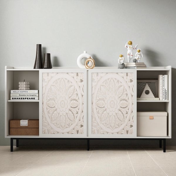 slide 2 of 7, Distressed White Wood Curio Cabinet with Carved Fir Doors and Shelving - Mid-Century Console Table White