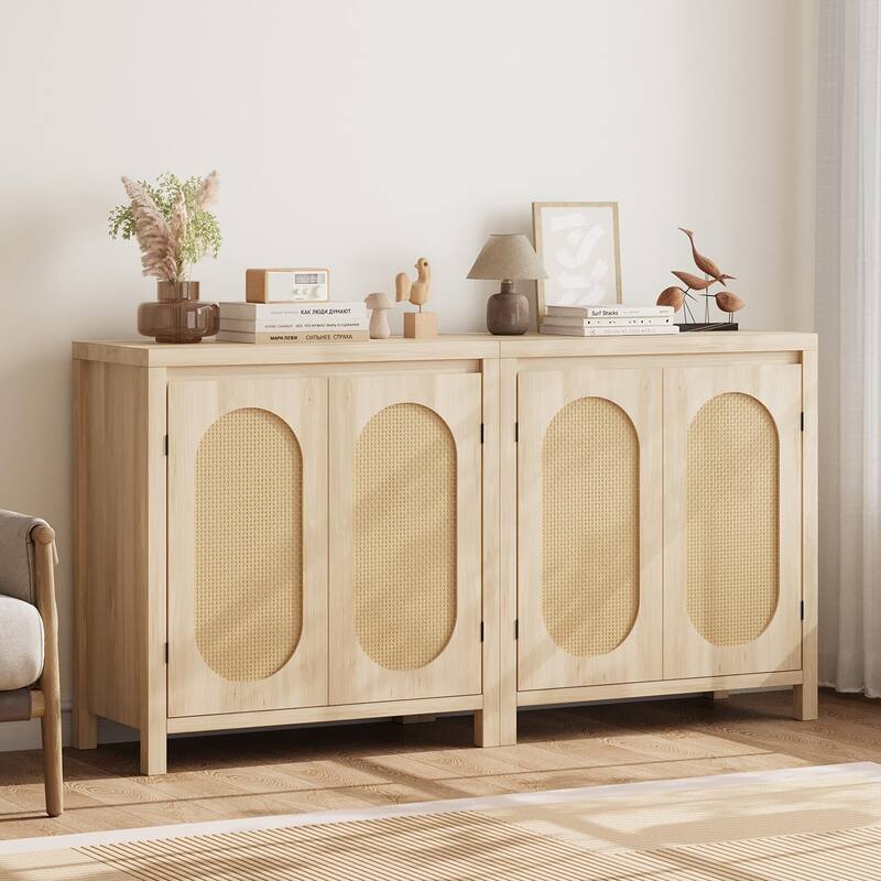 Rattan Storage Cabinet, Wooden Sideboard Buffet Cabinet with Doors and Shelves