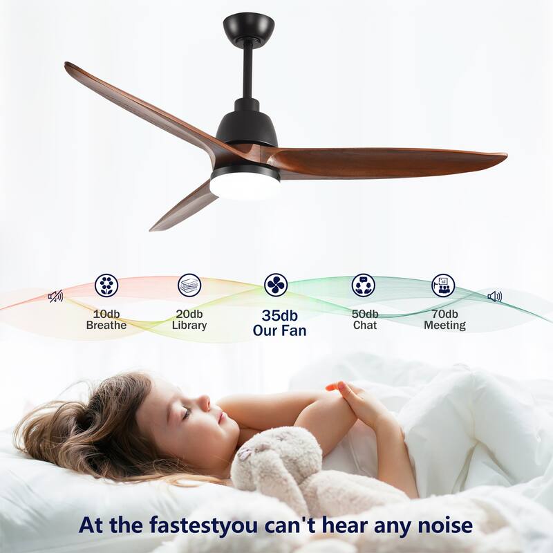Hot sales 52 Inch Black Ceiling Fan With 3 Color Dimmable 5 Solide Wood Blades Remote Control Reversible DC Motor With Led Light