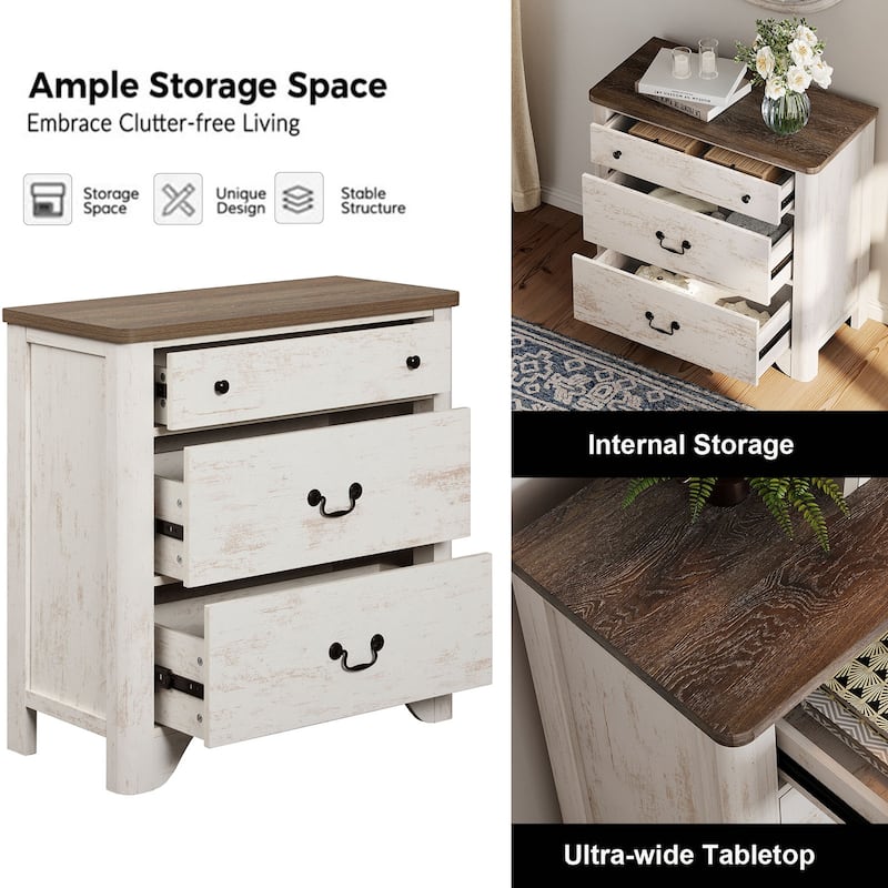WAMPAT Large Farmhouse Nightstand with 3 Drawers,Wooden End Table