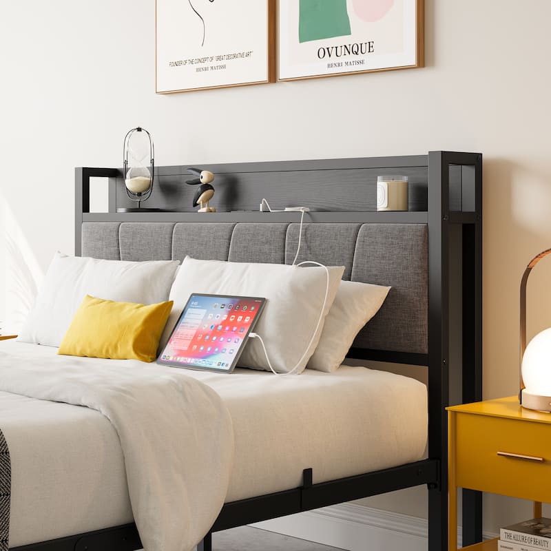Full Size Bed Frame, Storage Headboard with Charging Station, Solid and Stable, No Box Spring Needed, Easy Assembly