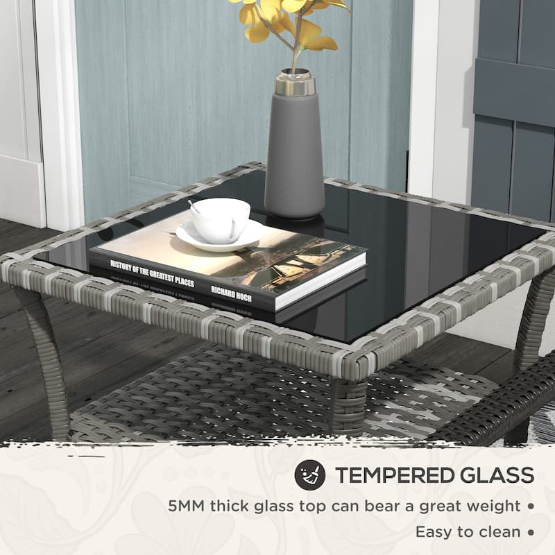 Rattan Side Table,Outdoor End Table with Storage Shelf,Coffee Table with Tempered Glass Top - Grey