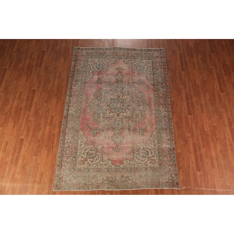 Pink Tabriz Persian Vintage Area Rug Handmade Wool Carpet - 6'3" x 9'5"