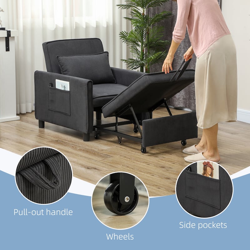 3-in-1 Lounge Chair Recliner Sofa Bed with Corduroy Upholstery and Storage Pockets for Adults - 29.1" W x 33.1" D x 31.9" H
