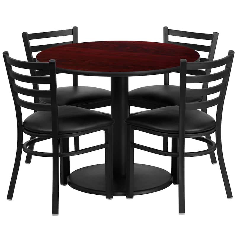 36'' Round Laminate Table Set with Round Base and 4 Ladder Back Metal Chairs - mahogany top/black vinyl seat