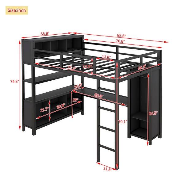 dimension image slide 0 of 2, Full Size Loft Bed with Wardrobe,L-shaped Desk,Storage Cubes and Shelves