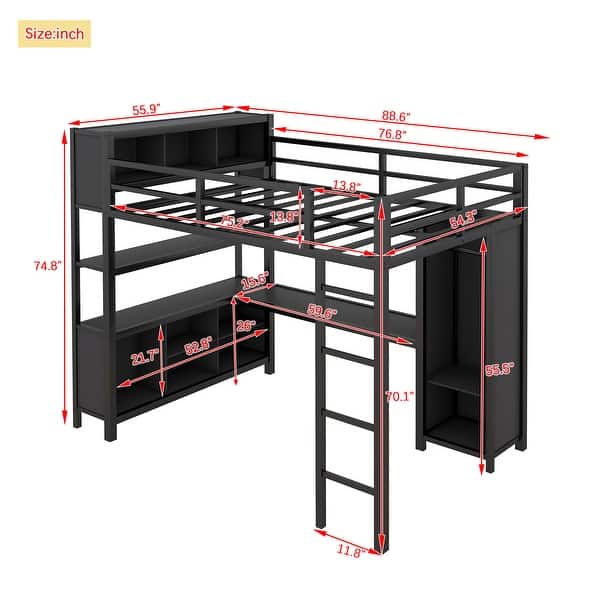 dimension image slide 1 of 2, Full Size Metal Loft Bed with Wardrobe And L-shaped Desk, Storage Cubes and Shelves for Kids, Teens, Adults