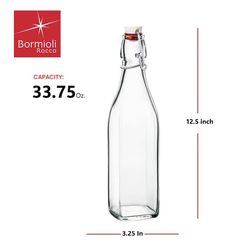Bormioli Rocco Square Swing Top Glass Bottles With Airtight Hermetic Lid - 33.75 oz
