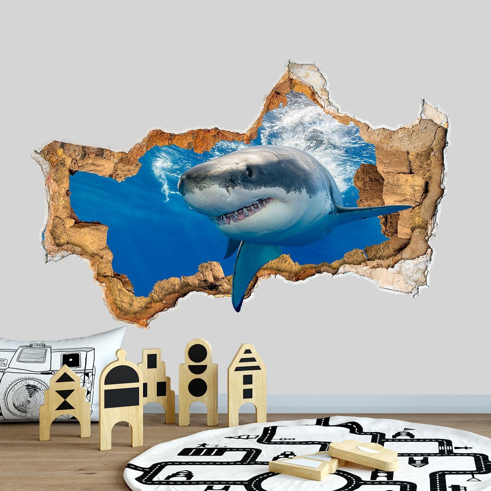 14842275 underwater photo Hole in wall sticker wall mural Shark fish 
