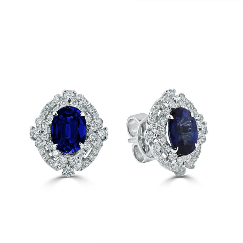 Auriya 18k White Gold 3 1/5ct Blue Sapphire and 5/8ct Diamond Halo Earrings