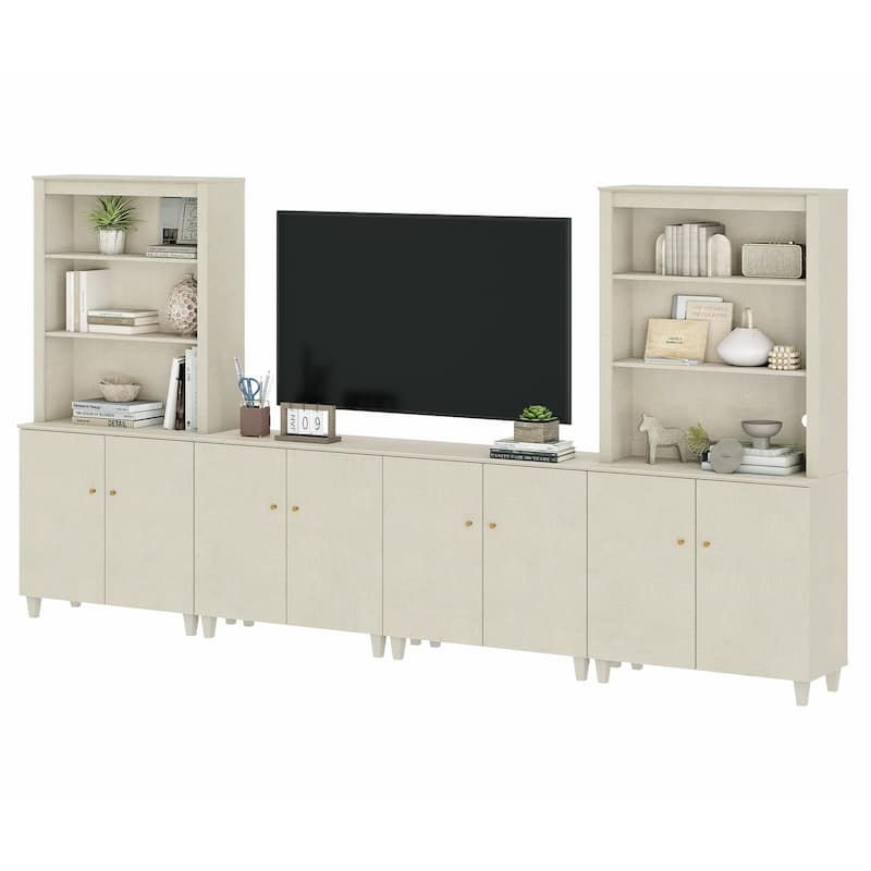 WAMPAT Modern Entertainment Center with Bookshelves for 75" TVs - Beige Linen Printed - 4 Cabinets