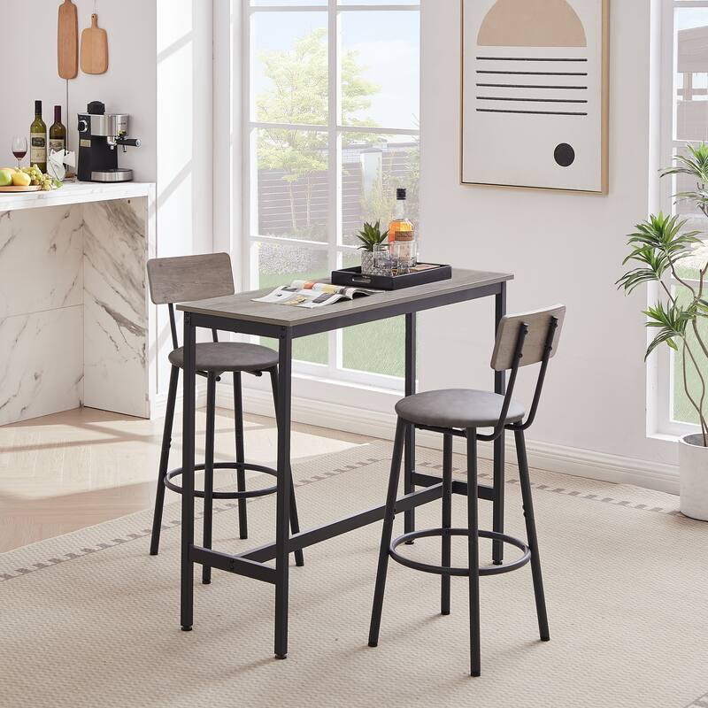 Grey 3-Piece Metal Frame Bar Dining Table Set with 2 Bar Stools