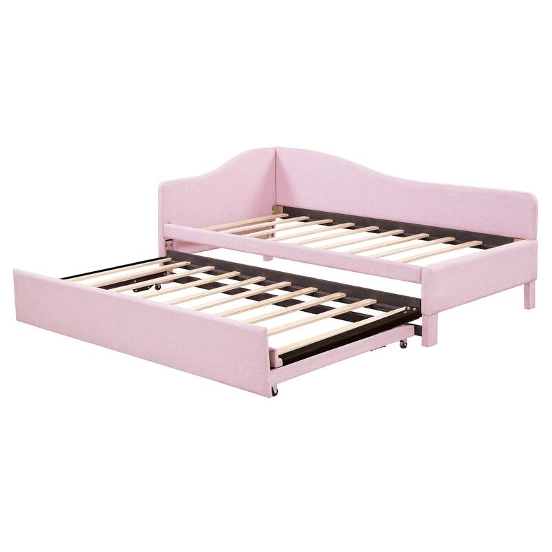 Twin Size Upholstered L-Shaped Upholstered Daybed with Pop Up Trundle for Home Office