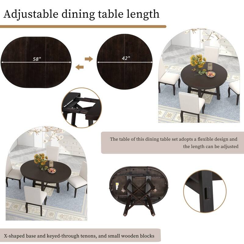 Farmhouse-style Round Extendable Dining Table For Dining Room,Solid Wood Dining Table