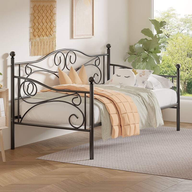 VECELO Scroll Design Metal Twin Size Daybed with Roman Column Legs 440 LBS Capacity Sofa Bed 440 lbs Capacity for Living Room