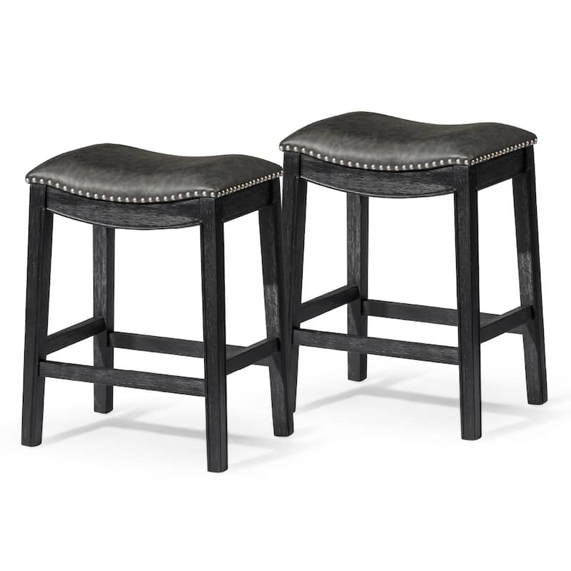 Maven Lane 26" Adrien Saddle Kitchen Counter Height Stool - Aged Black Vegan Leather - Set of 2