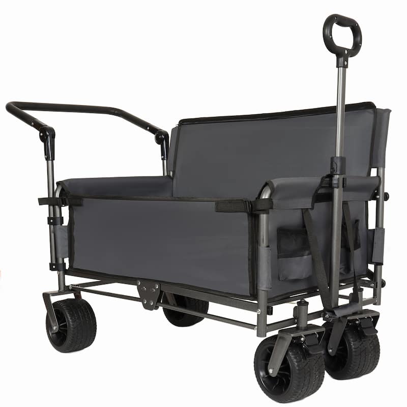 3-in-1 Folding Wagon Cart with Bench Seat & Canopy & Storage, 500lbs Heavy-Duty, 180L Capacity, All-Terrain Wagon