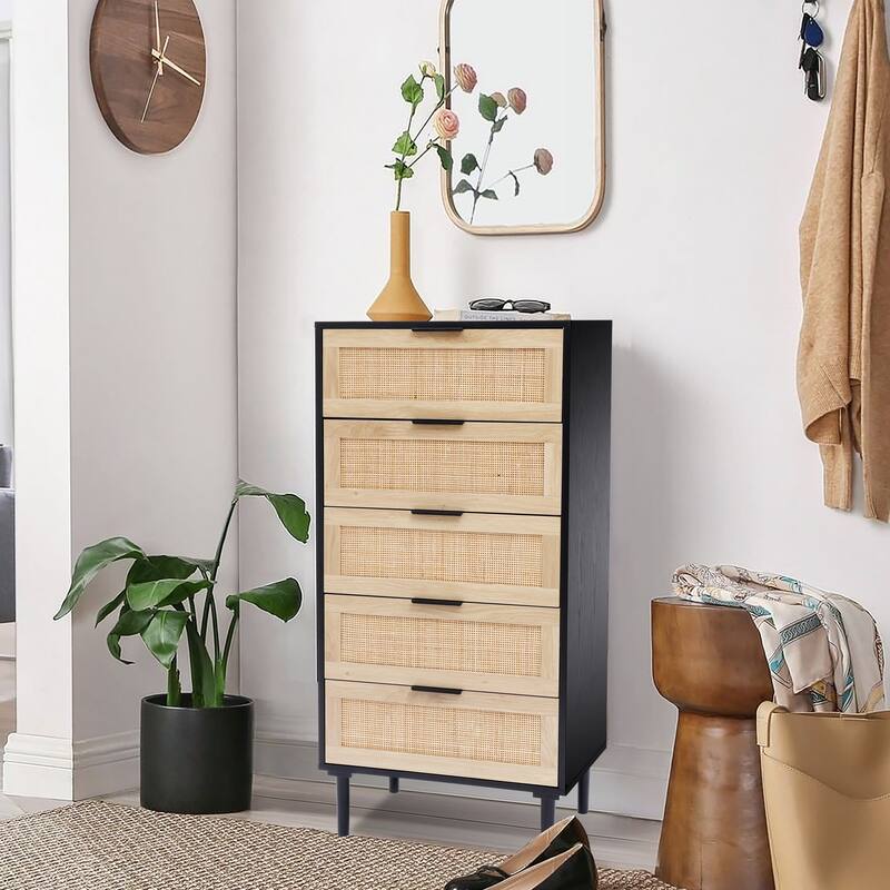 5 Drawer Rattan Dresser - Black/Natural