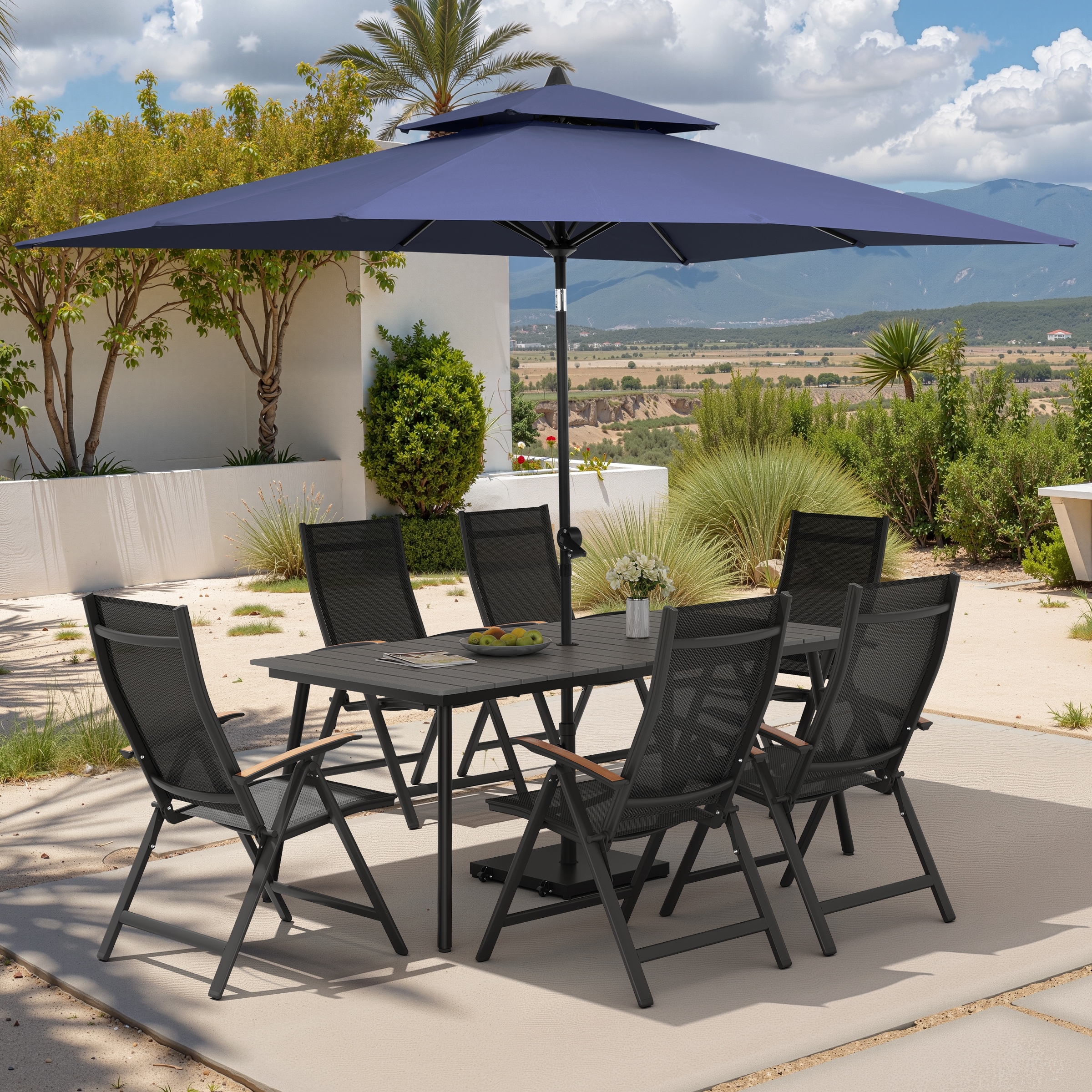 9PC Outdoor Patio Dining Set Aluminum Table with Folding Armchairs w/ Premium Market Umbrella Sets