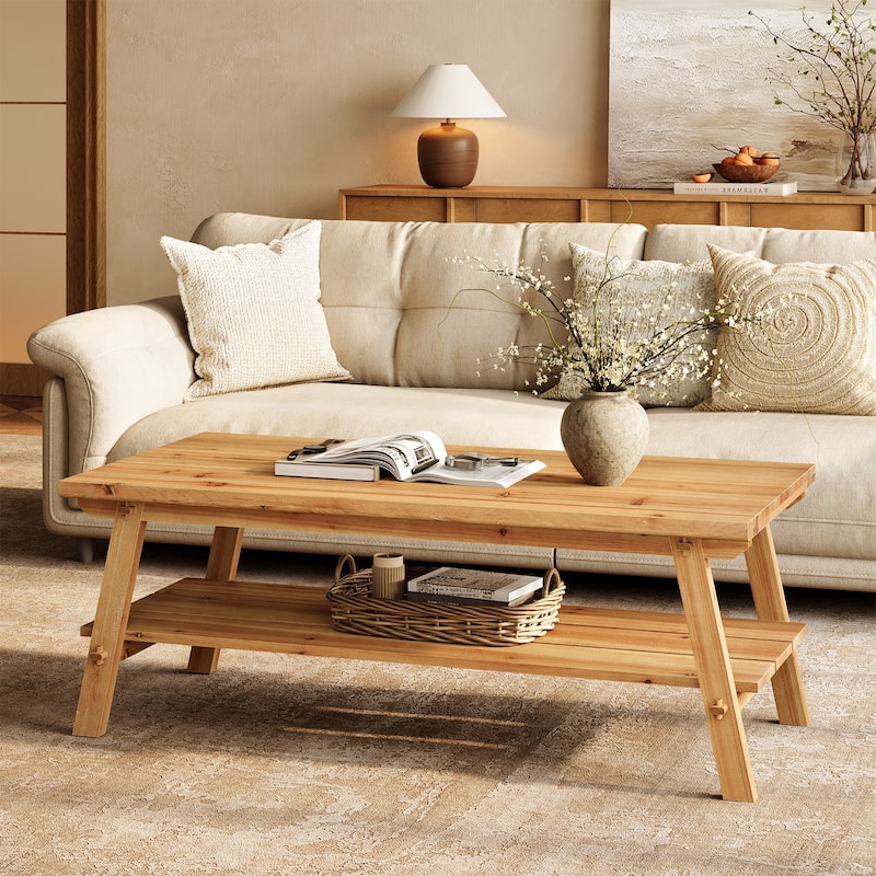 47-Inch Solid Wood Coffee Table, Farmhouse Rectangle Center Table