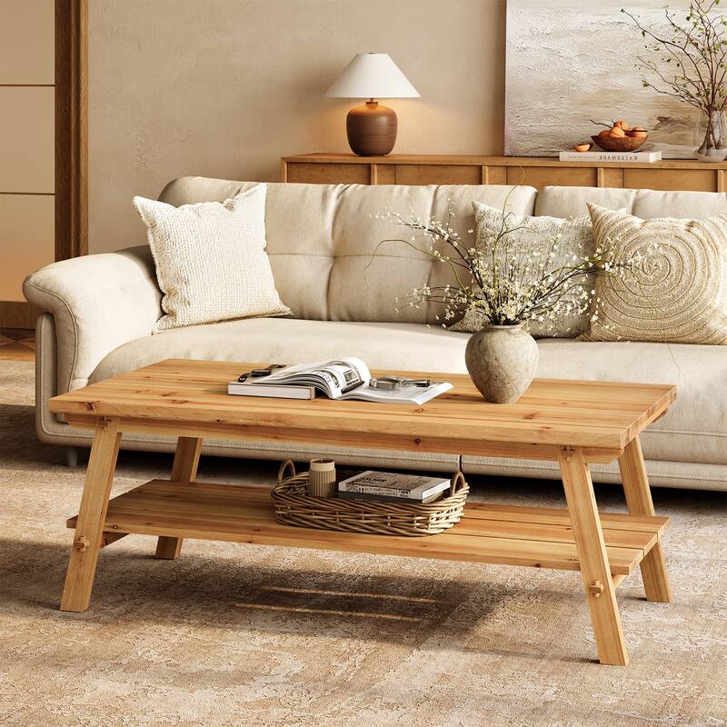 Solid Wood Coffee Table with Storage, Living Room Center Tea Table Accent Table
