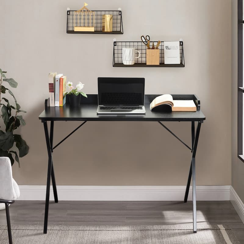 Homylin Modern Metal Frame Writing Desk with Raised Back Shelf, Black