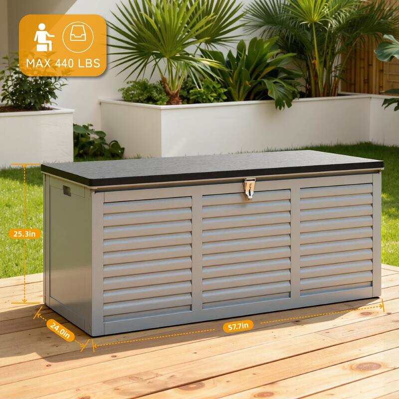 130 Gal. Upgraded Resin Deck Box, Outdoor Storage Box Waterproof with Hydraulic Rod and Side Handle, Lockable
