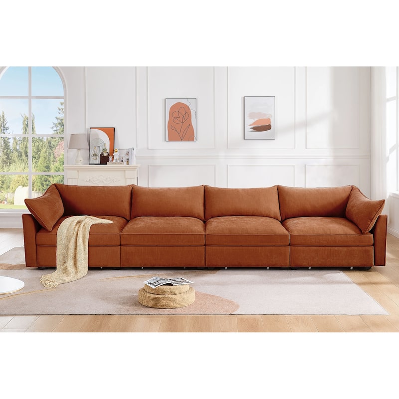 Chenille Fabric Upholstered Sofa with Under-Seat Drawers - Orange - 4-Seat