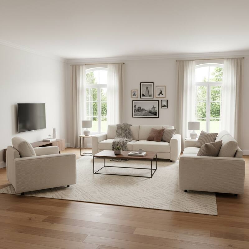 Modern Contemporary Upholstered 3-Piece Corduroy Plush Tufted Sofa Set - Beige