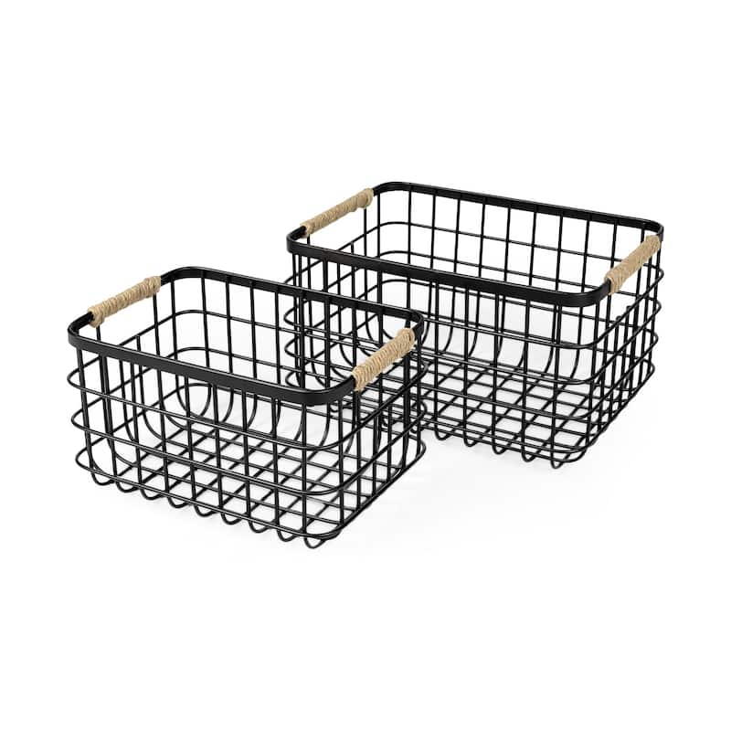 Set of Two Black Metal Baskets - 15.1575" W x 20.8661" D x 12.2047" H - Black - 15.1575" W x 20.8661" D x 12.2047" H
