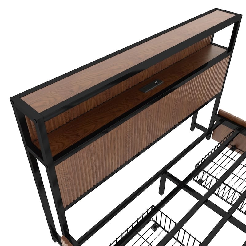 Wooden Platform Bed Frame with Multiple Drawer Storage Function, Bedside Socket
