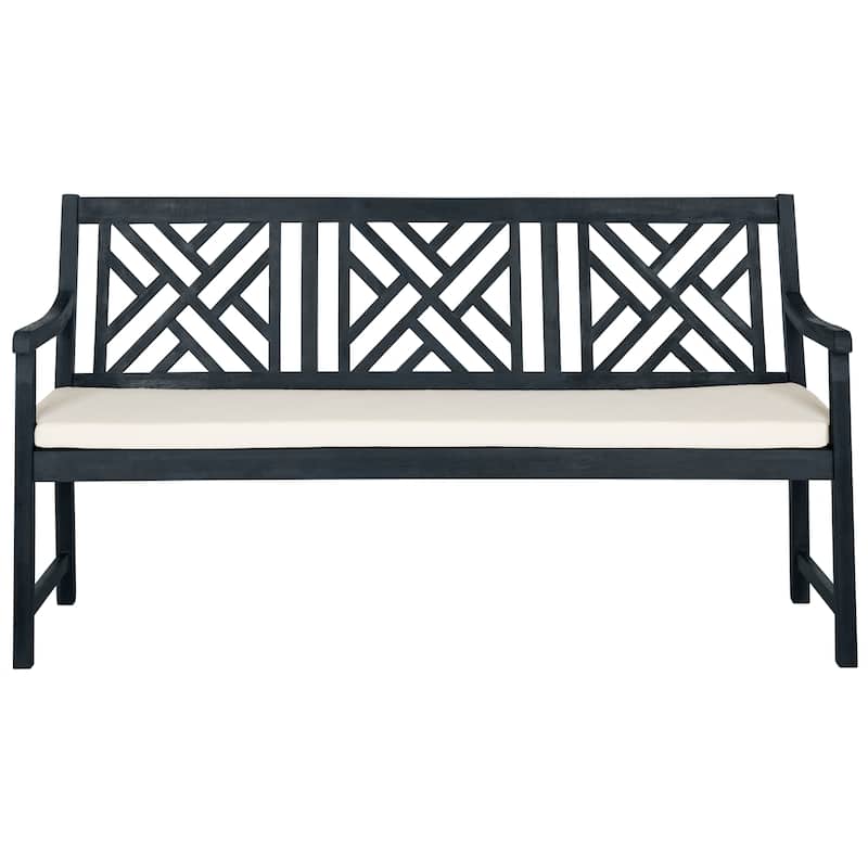 SAFAVIEH Outdoor Genara Solid Wood 3-Seat Bench with Cushion - 23Wx61Dx35H