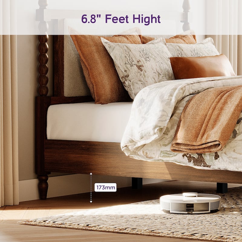 WAMPAT Vintage Queen Bed Frame – Solid Wood 4-Poster with Upholstered Headboard, No Box Spring Needed