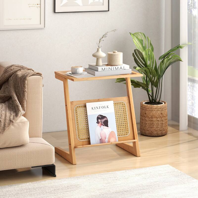 Gymax Z-shaped End Table Glass Top Bamboo Side Table w/ Magazine Rack