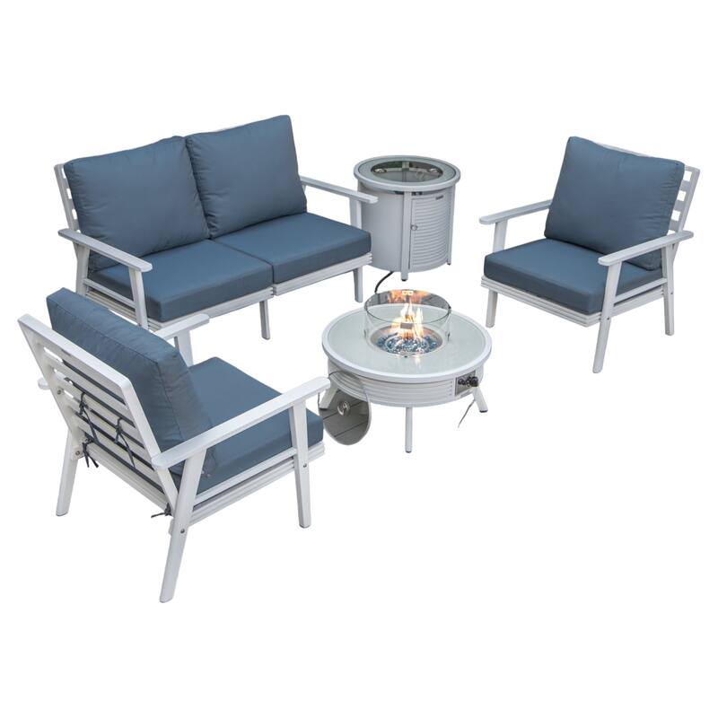 Walbrooke Outdoor Patio Furniture Set with Aluminum Frame Polyester Upholstered Seating and 37000 BTU Propane Burner - Navy Blue